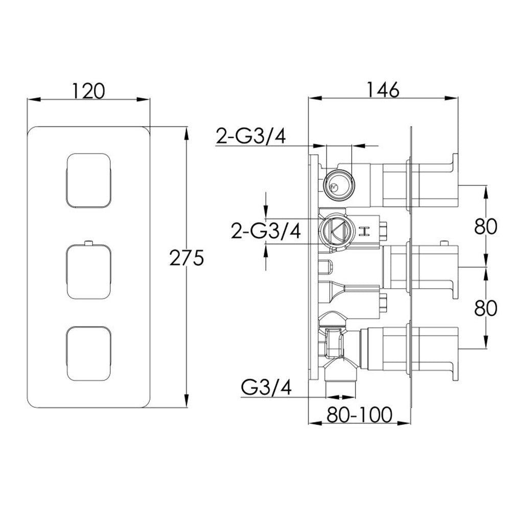 Thermostatic Concealed 3 Outlet Shower Valve