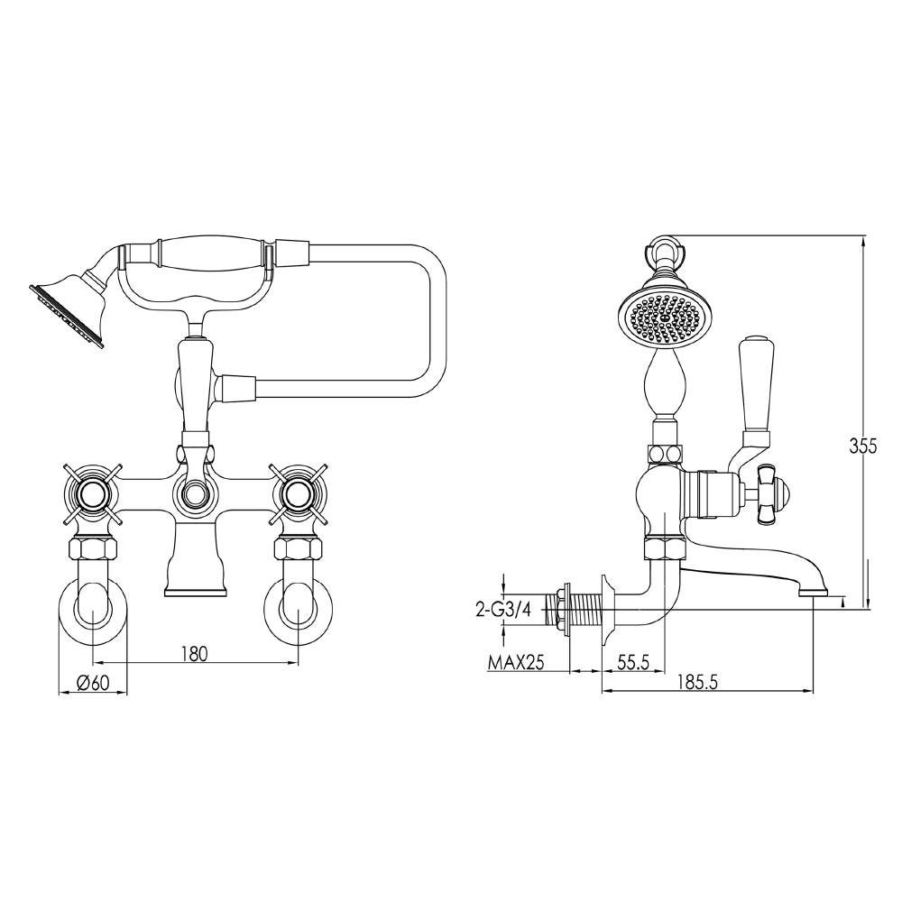 victorian bath taps with shower attachment Technical Drawing -Tapron