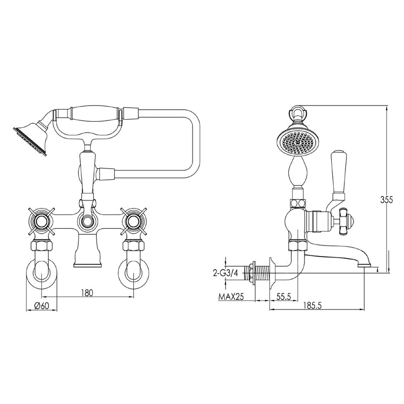 victorian bath taps with shower attachment Technical Drawing -Tapron
