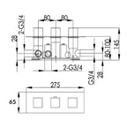 horizontal 3 outlet concealed shower valve  tapron technical drawing