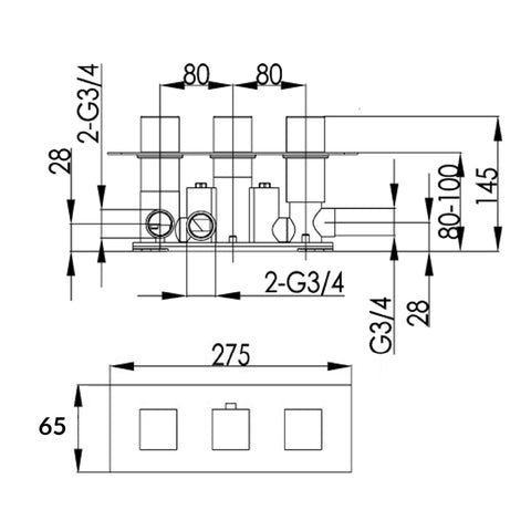 horizontal 3 outlet concealed shower valve  tapron technical drawing