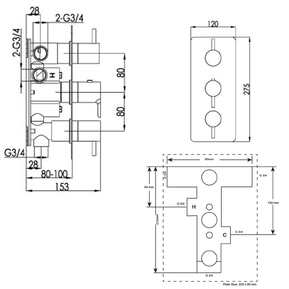 Thermostatic 3 Outlet Shower Valve  Vertical tapron