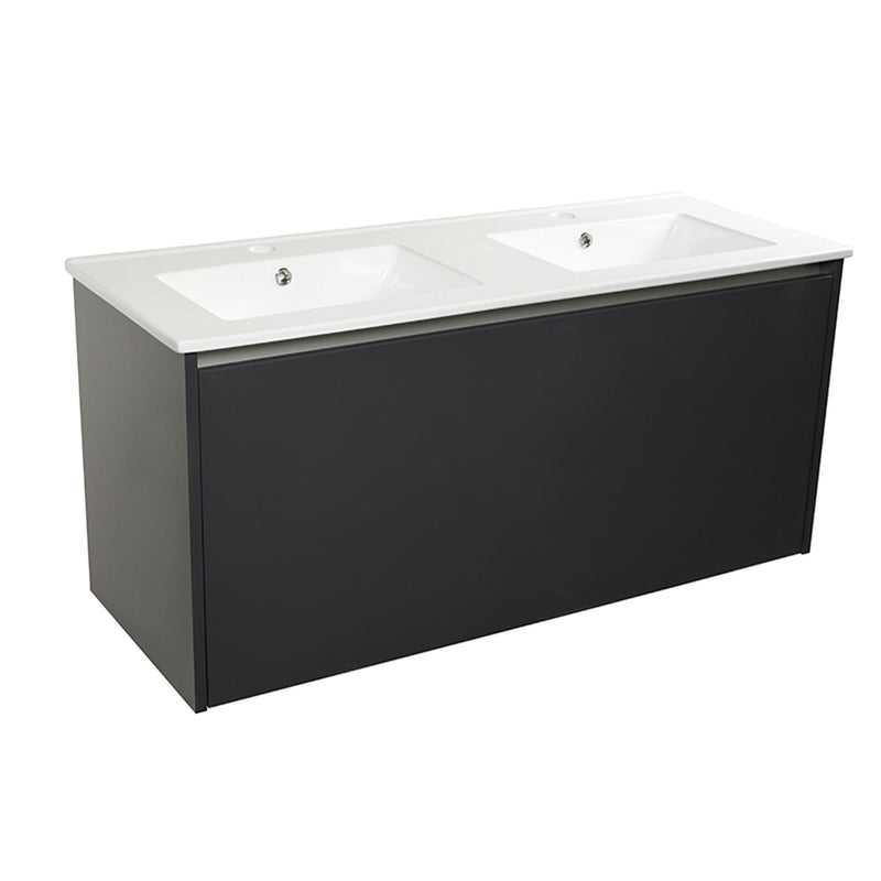 wall mounted vanity unit with internal drawers and sensor bottom light and 2 porcelain basins