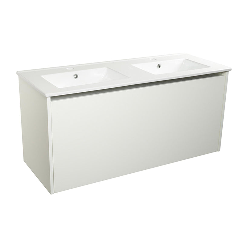wall mounted vanity unit internal drawers sensor bottom light white and 2 porcelain basins