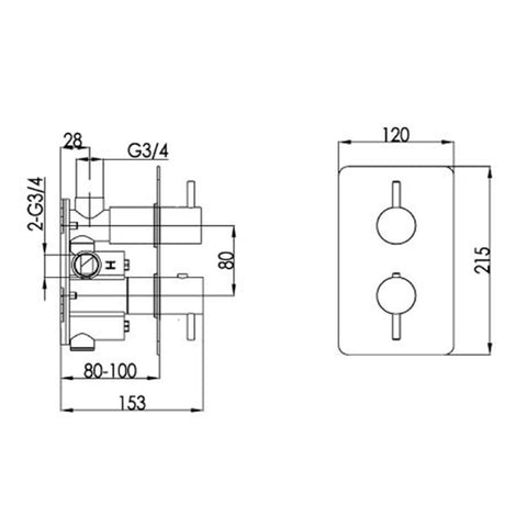 Thermostat Concealed 1 Outlet Shower Valve - Vertical technical drawing