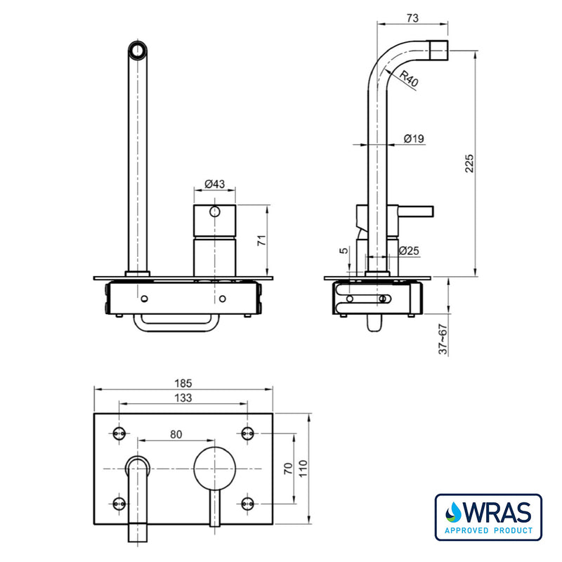 wall mounted sink taps technical drawing-tapron