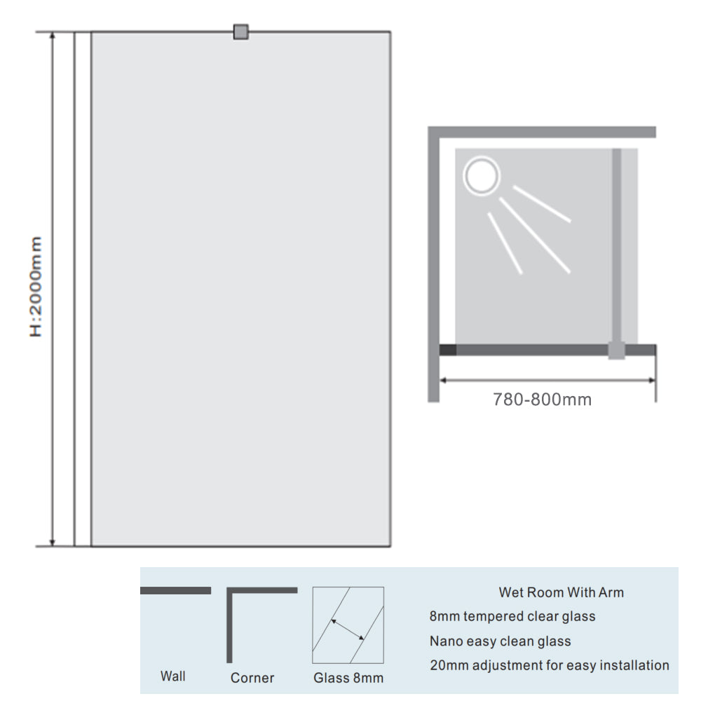 Wet Room Shower Screen 2000mm Height – 8mm Glass Secondary image